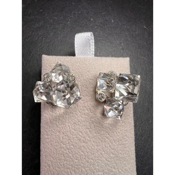Vintage Silver Tone Crystal Cube Rhinestone Cluster Earrings - Picture 1 of 14